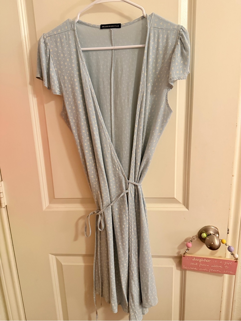 Brandy Melville Light Blue Wrap Dress with Cream Dot Print